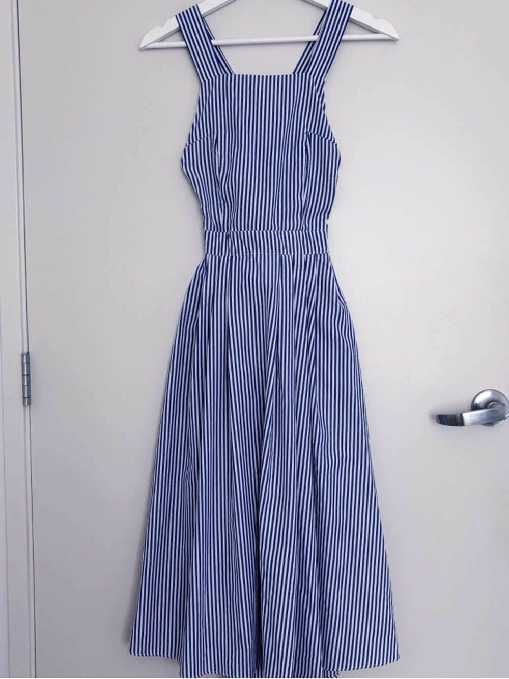 Nautical Blue White Striped Midi Maxi Dress Cross Back Pockets XS J.Crew Style